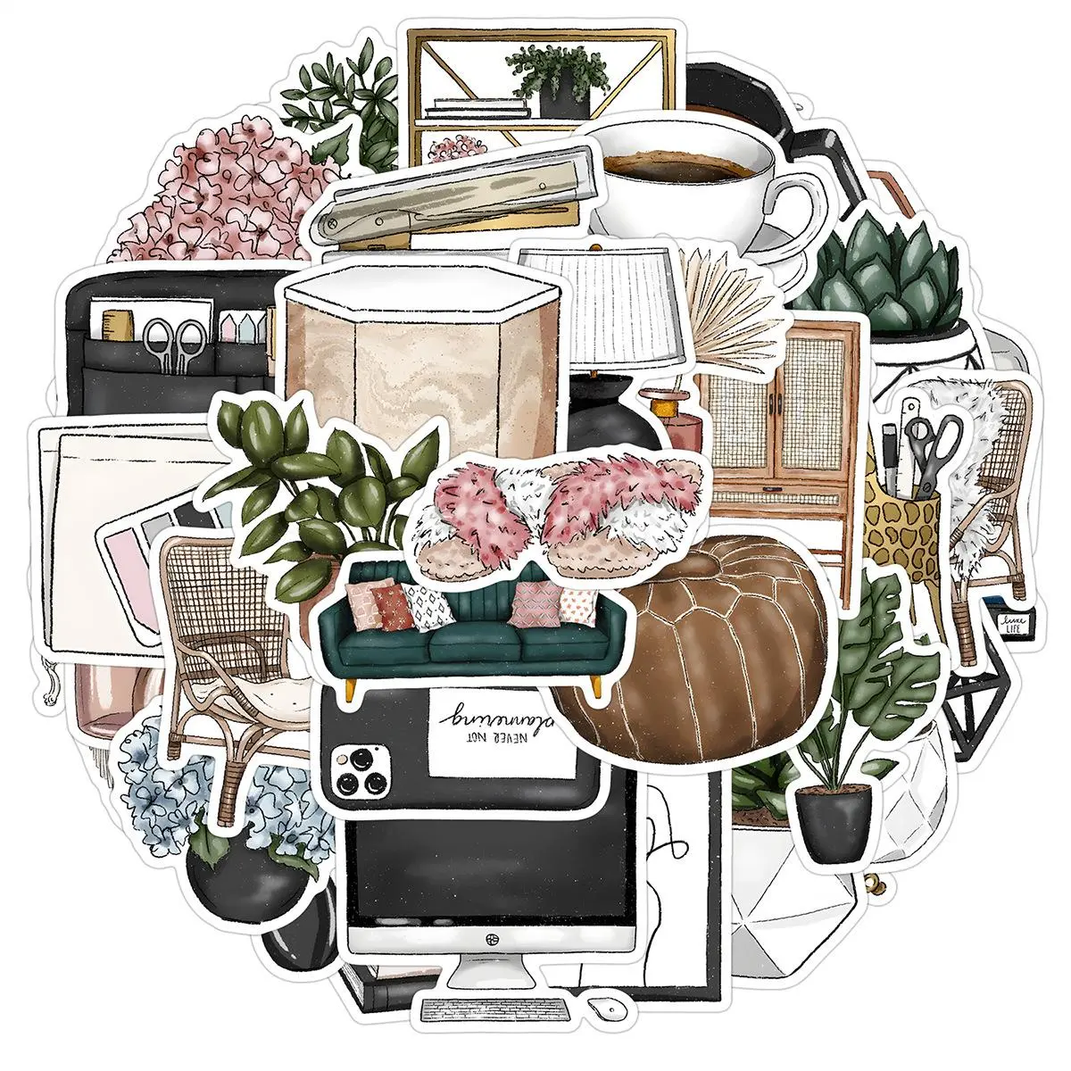 Boho Style Home Series Sticker, 50pcs/set Self Adhesive Decorative Sticker, DIY Decals for Water Bottle, Laptop, Cellphone, Smartphone, Phone Case, Scrapbooking, Journal Making, Screen Protector Sticker Sheets