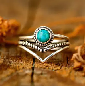 Bohemian Turquoise Gemstone Ring Set - Vintage Silver Chevron V-Band Stacking Rings - Southwestern Tribal Aesthetic Jewelry for Women