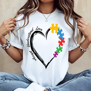 Autism Awareness Puzzle Heart Understand Love Print T Shirt  Crewneck Casual Wear For Women And Men