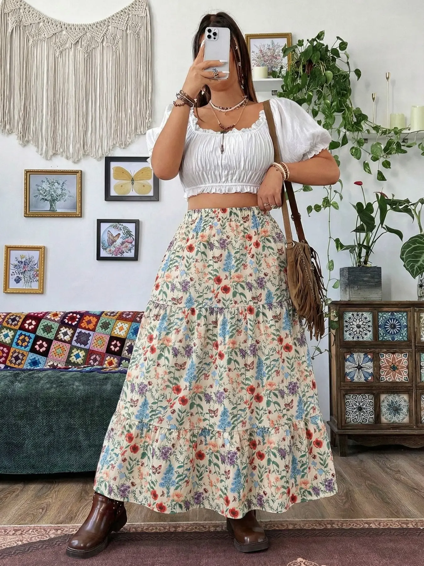 Boho Floral Maxi Dress Full Skirt Boho Floral Print Long Dress, High Waist, Casual Romantic Elegant Boho Floral Maxi Dress Full Skirt Boho Floral Print Long Dress, High Waist, Casual Romantic Elegant