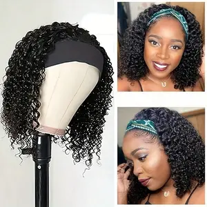 High density headband wig, deep wave lace free machine woven women's deep curly hair adhesive free wig