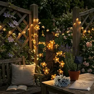 Solar Light Outdoor Cherry Blossom String Lights Waterproof 20 LED Solar Garden Lights for Patio Yard Fence Decor Warm White Decorative Lighting Zero Electricity Cost Easy DIY Installation Fairy Lights for Camping Balcony Party Wedding Romantic Atmosphere