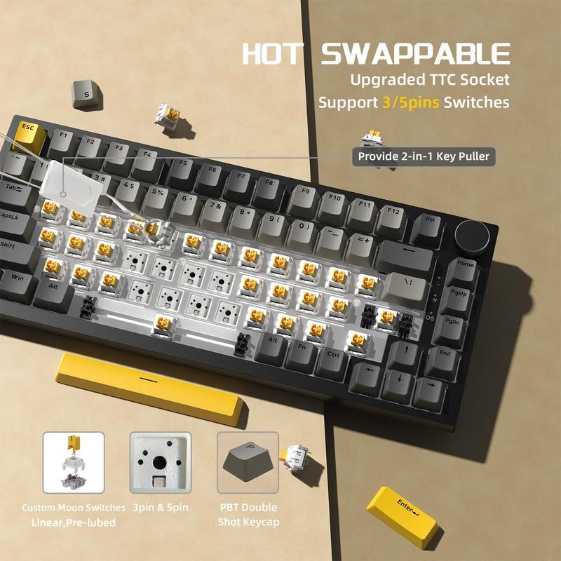 AJAZZ AK820 Wired Mechanical Switch Gaming Keyboard with Knob 75% Keyboard Hot Swappable Type-C Wired Gasket 5-Layer Noise Absorbing Foam LED Backlit NKRO Linear for PC/Win/Mac