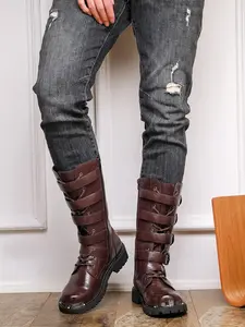 Men's High-End Thick Sole Rubber Long Boots, Anti-Slip Height Increase Metal Belt Buckle Decor, Punk Style Motorcycle Boots