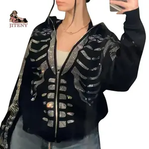 Female Blouse, Rhinestones Skeleton Print Long Sleeve Hooded Tops with Zipper for Spring Autumn, S/M/L/XL Casual Womenswear Breathable Coats(Raincoats)