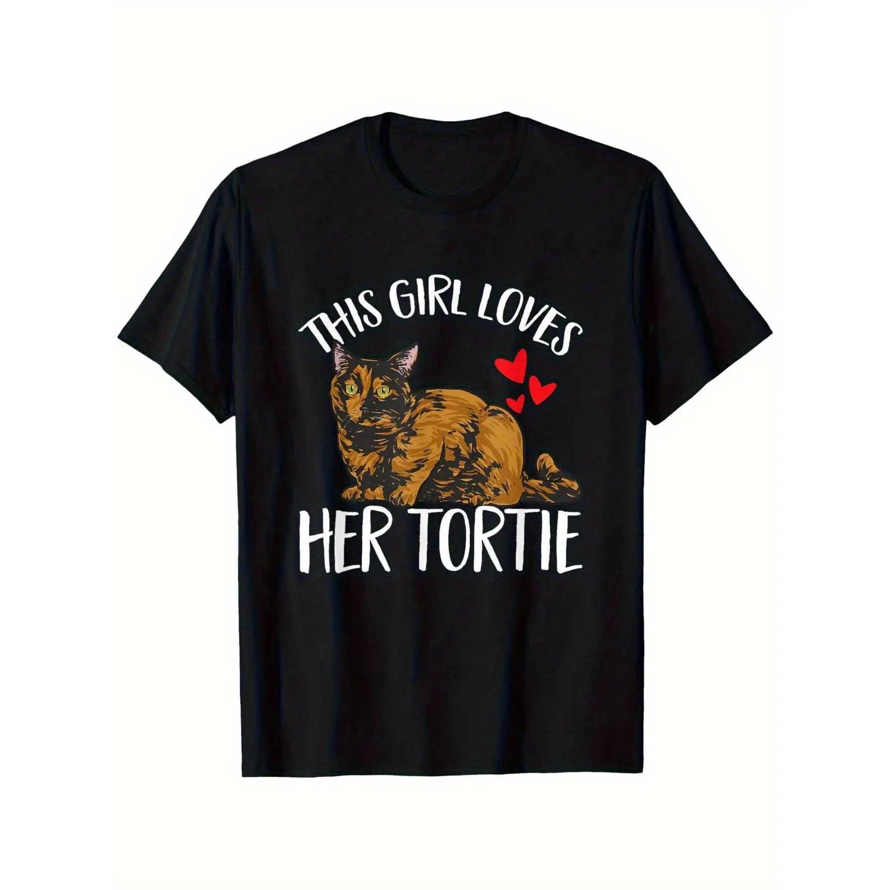 This Girl Loves Her Tortie" Cat-Themed T-Shirt - Graphic T-Shirt - Unisex, 100% Cotton, Crew Neck, Short Sleeve, Casual Fit, All-Season Tee, 3D Printe