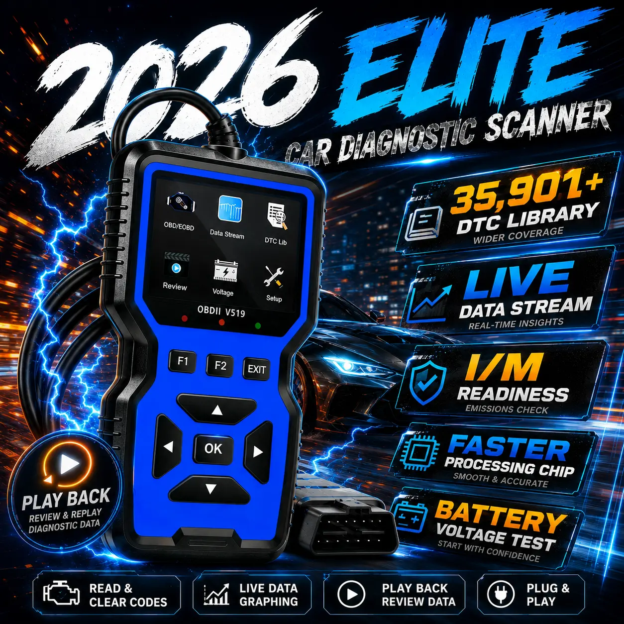 Car OBD2 Scanner Diagnostic Tool Code Reader, Car Voltage Tester Engine Fault Code Scanner, Charging Tester Diagnostic Tool For OBDII Protocol Cars V519-blue Automotive Vehicle