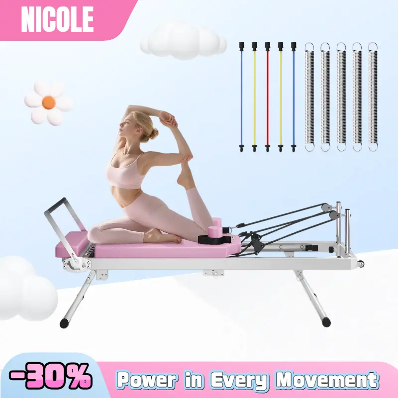 Nicole Selection Reformers Pilates Machine - Yoga Equipment, Workout Equipment, At-Home Gym Gear, 330.5lbs Capacity, Elastic Cords, Eco-Leather, Foldable, Ultra-Smooth Glide Rails (Upgraded Version Excludes Colored Springs; Resistance Band Workout Gift)