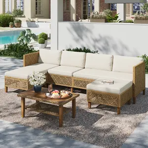 【1 or 2 Packages Shipping】Phivilla Boho Wicker Patio Furniture Sofa Set, 3/5 Seaters, Outdoor Rattan Sectional Sets Conversation Set - Weather-Resistant, with Dual Storage Coffee Table Acacia Wood Legs for Garden, Patio & Deck,SummerVibes