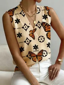 Women's Luxury Floral Butterfly Print V-Neck Sleeveless Knit Sweater Vest, Casual Breathable Colorblock Top for Spring Summer Fall