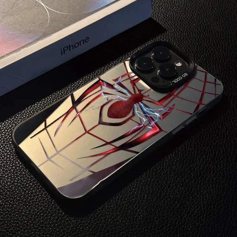 Cyber Electric Arachnid Web Holo Frame Phone Case Metallic Red Spider Graphic 2D Print Silver Matte Mirror Cover for iPhone 11-17 Pro Max