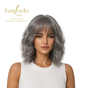 14 Inch Silver Gray Wavy Bob Wig with Bangs, Short Fluffy Layered Wig for Women, Beginner Friendly Daily Party Wig