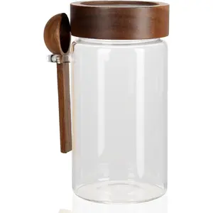 18 oz/550 ml Glass Storage Canister with Airtight Wooden Lid, Clear Small Decorative Container Jar with Spoon for Salad Overnight Oats Snacks Yogurt Cereal Fruit  Sugar Coffee Candy Salt