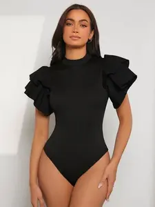 Womens Mock Neck Ruffle Trim Bodysuit – Elegant Slim Fit Long Sleeve Fashion Top for Party & Going Out