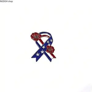 Patriotic Flower Star Pin - Trendy Red White Blue Enamel American Flag Ribbon Brooch with Floral Accents, Lightweight Hypoallergenic Statement Jewelry, Perfect for 4th of July Independence Day Party Festival Outfit & Everyday Pride Looks