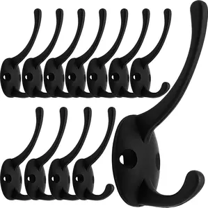 Ibosins 12 Pack Black Coat Hooks Wall Mounted with 24 Screws Retro Double Hooks Utility Black Hooks for Coat, Scarf, Bag, Towel, Key, Cap, Cup, Hat IBosins