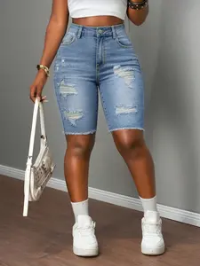 Women's Summer Denim Jeans High Elasticity Mid-Waist Slim Fit Pants, Washed Blue Ripped Design, Casual Style Womenswear