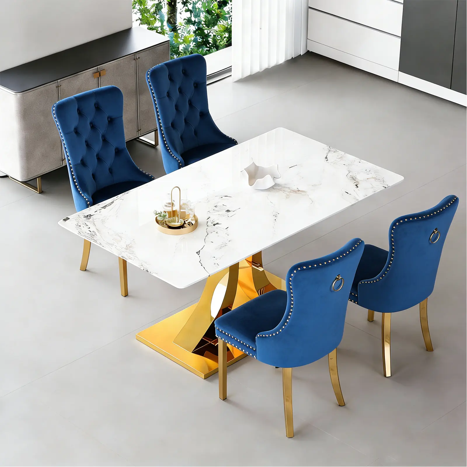 1 Table+4 Blue Golden Metal Legs Chairs