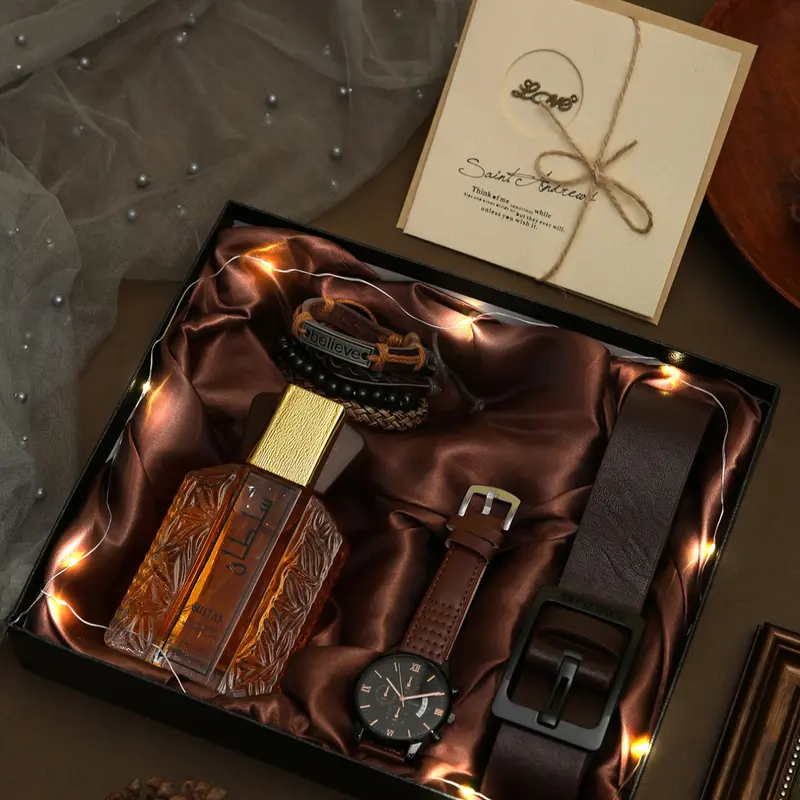 Men's Business Fashion Casual Watch Set 9pcs Gift Box Set, Includes Perfume Belt Bracelet Greeting Card, Perfect Gift for Birthday Thanksgiving Teacher Day