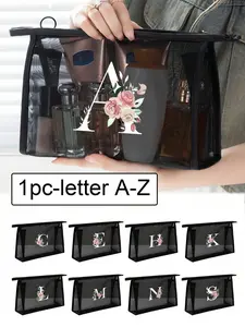Mesh Bag with Floral Letters A-Z, Transparent Cosmetic Storage Pouch, Multifunctional Travel Portable Bag