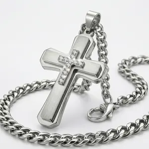 Stainless Steel Cross Pendant Necklace, Iced Out Cuban Link Chain for Men, Hip-Hop Statement Jewelry, Cross Statement Necklaces, Cuban Necklace Necklaces