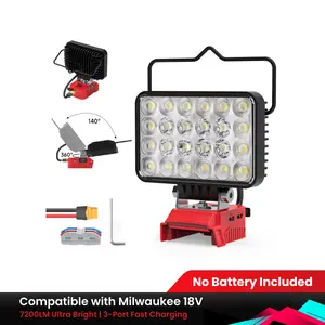 72W Cordless LED Work Light Compatible with Milwaukee 18V Battery, 7200LM Ultra Bright Flashlight with USB-A & Type-C Fast Charging, Adjustable Angle, Durable Aluminum L-Shape Design, Ideal for Job Site, Camping, Emergency (Battery Not Included)