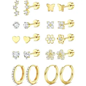 CASSIECA Flat Back Earrings Stack for Women Girls Hypoallergenic Surgical Stainless Steel Earrings Stack for Sensitive Ears 14K Plated Gold Heart Flower Stud Earring Set Small Huggie Hoop Cartilage Earring Stacks Ear Studs