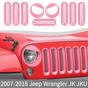 Pink Style A Mesh Grille Grill Insert + Headlight Turn Light Cover Trim, Fit for 2007-2018 Jeep Wrangler JK JKU Auto Exterior Decor Accessories