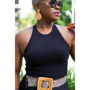 PLUS SIZECaramel Queen Ribbed High Neck Cropped Top (Black)
