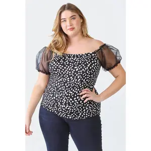 Plus Size Black Polka Dot Organza Puff Short Sleeve Top - Semi-Sheer & Soft Touch Fabric Casual Style Women's Top