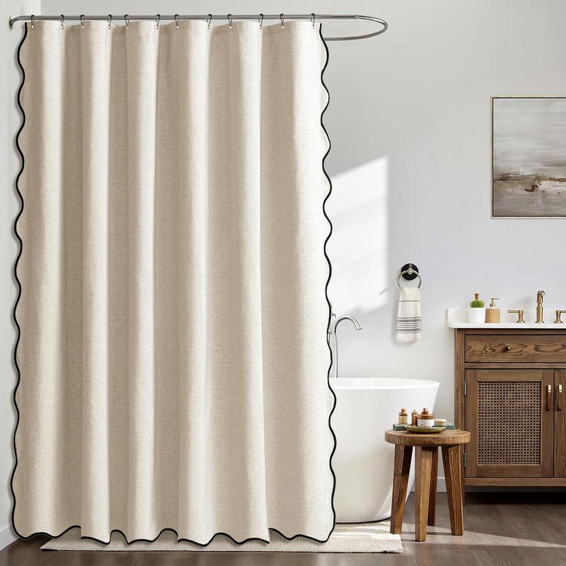 Long Scalloped Shower Curtain Linen Textured with 12 Hooks Heavy Duty Washable Waterproof Cloth Shower Curtains with Black Border for Bathroom Hotel Bathtub,Beige Quick Drying Machine Washable Home Bathroom Decor Shower Curtain Sets for Bathroom