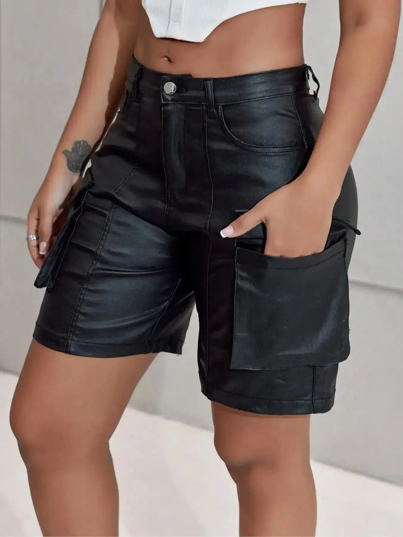 Millennial Street Style PU Leather Solid Wide Leg Loose Summer Bermuda Shorts with Pocket Punk Music Festival Design Casual Patchwork Stitching Detail Trendy Women's Clothing quick dry everyday casual