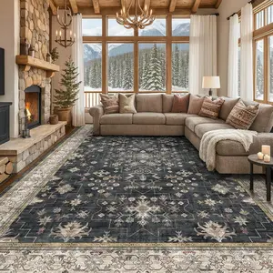 Black Boho Rug for Living Room 8x10 - Washable Dining Room Rugs for Under Table, Vintage Soft Low Pile Carpet for Bedroom, Non-Slip Farmhouse Bohemian Large Tumble Rug for High Traffic Area