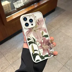 Minimalist Retro Lily Pattern Case,phone Case Suitable for Iphone 11/12/13/14/15/16/17 Pro Promax Plus Air and Samsung S22/S23/S24/S25 Plus Ultra Fe,Shockproof Anti-Scratch Durable Non-Yellowing Transparent Back Protective Cellphone Cover Gift, Aesthetic,
