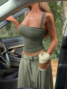 Women's Plain Square Neck Sports Tank Top, Back Cross Strap Design, Simple Sexy Style, Knit Stretchy, Casual Yoga