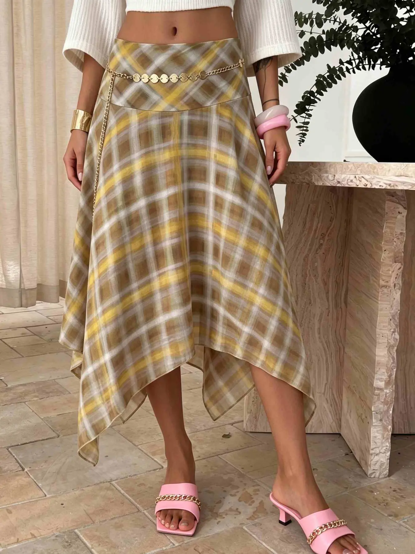 Plaid Midi Skirt Women Womenswear Bottom Asymmetrical Hem High Waisted Loose Flowy Boho Preppy Skirt Vintage Casual Chic Lightweight Breathable Summer Fall Fashion Skirt Brown Yellow