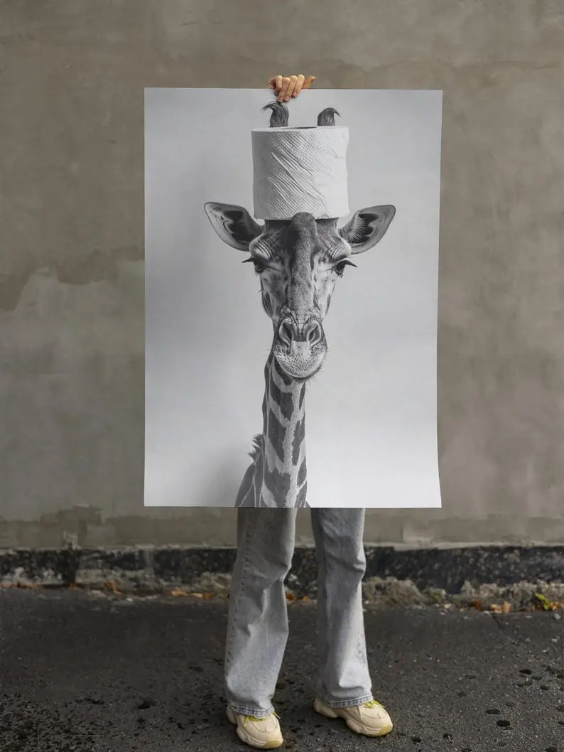 Funny Giraffe with Toilet Paper Hat Canvas, Black and White Bathroom Wall Art, Quirky Animal Print