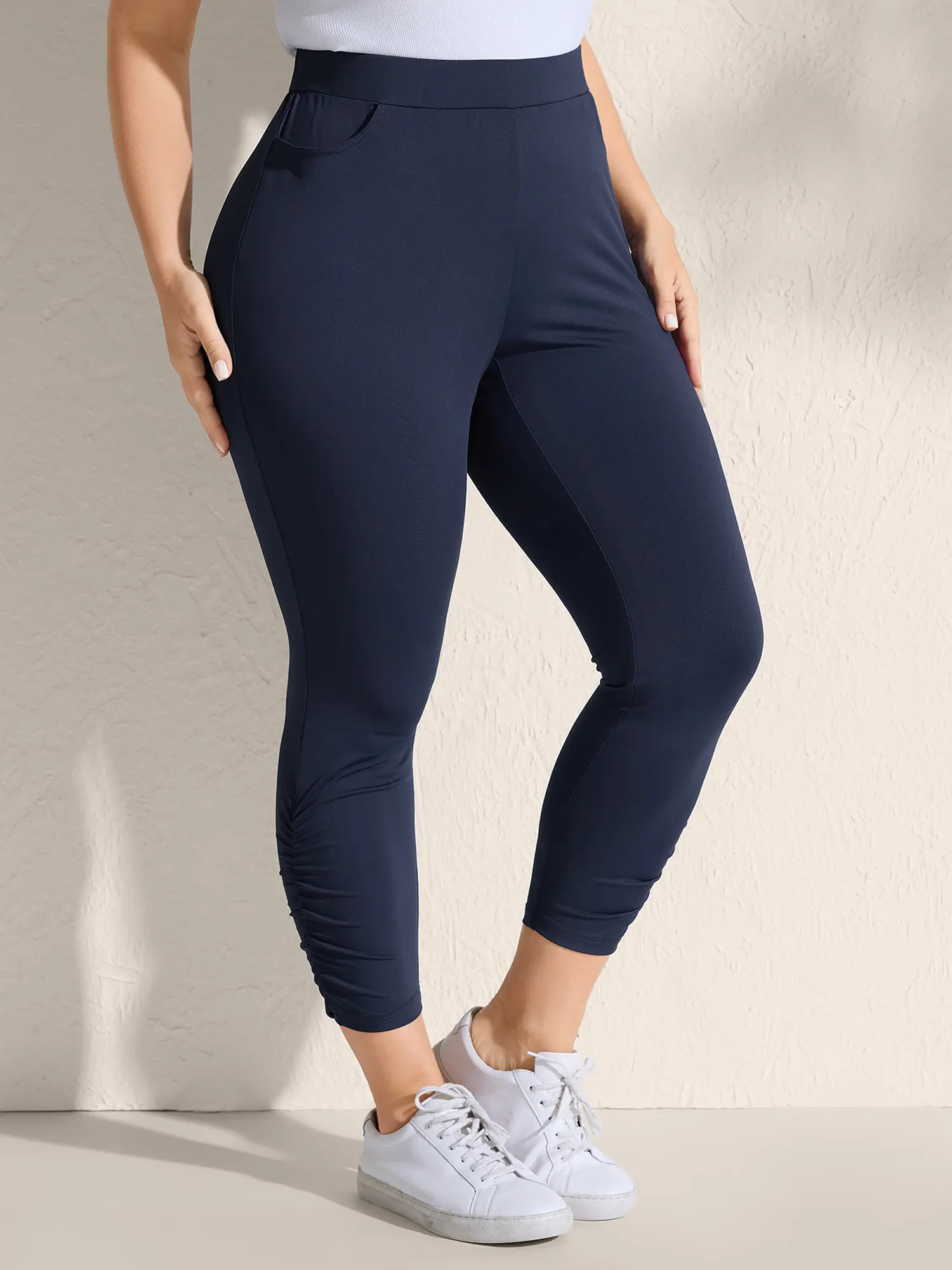 BLOOMCHIC Women's Plus Size Elastic Waist Leggings Pants - Mid-Waist Slim-Fitting Cuffed, Indigo Minimalist OL Style Clothes, Super-Stretchy, Slanted Slip Pocket Leggings, Slip-On, All-Seasons Bottoms, M-6X Summerfinds