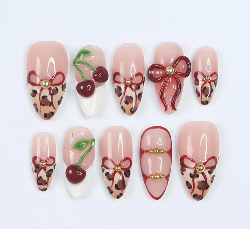 Press On Nails Wild Cherry Leopard | 3D Bow & Cherry Accents in Medium Almond | Handmade Bold Nail Art Damontaerichmond