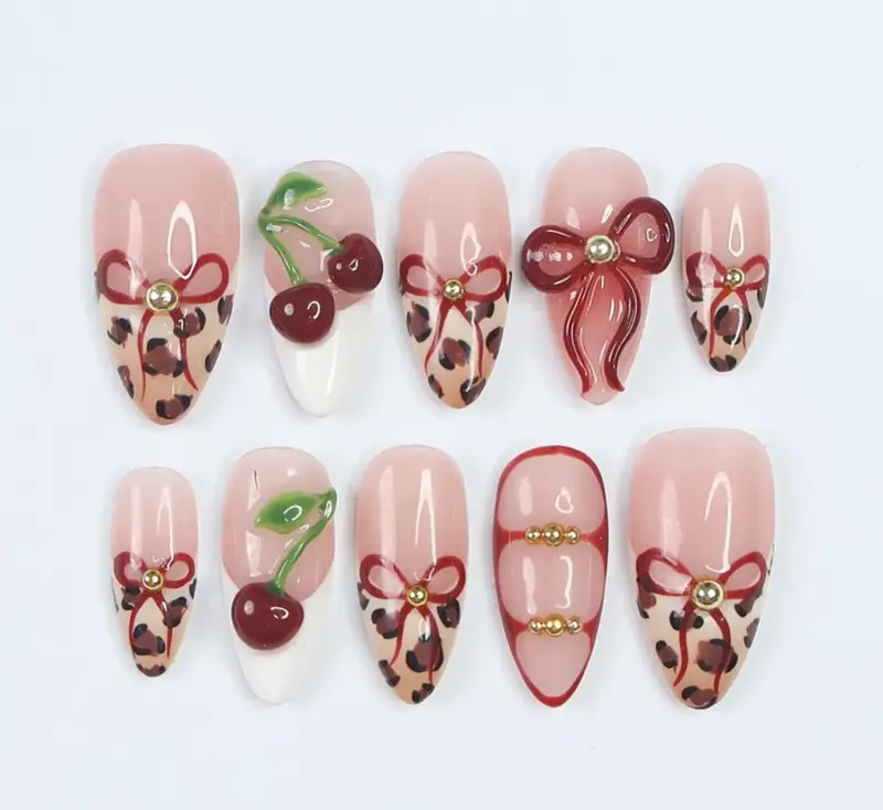 Press On Nails Wild Cherry Leopard | 3D Bow & Cherry Accents in Medium Almond | Handmade Bold Nail Art Damontaerichmond
