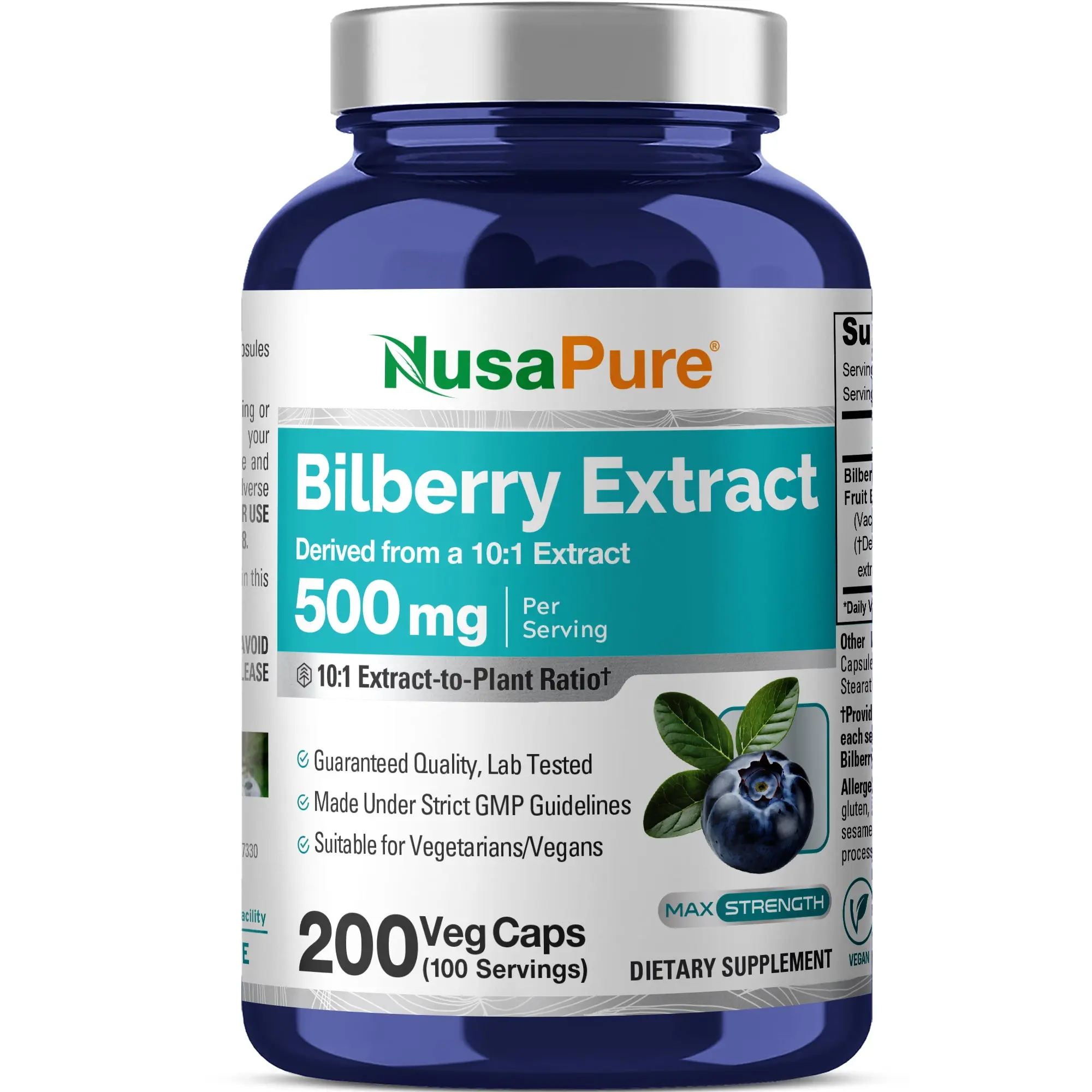 NusaPure Bilberry Extract Botanical Dietary Supplement - 500mg per Serving, 200-Count Vegetarian Vegan Capsules, GMO-Free, Antioxidant-Rich Anthocyanins, Eye Support, Blood Sugar Support