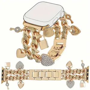 New Apple Watch Band for Women, Fashionable Durable Dual Chain Leather Watch Straps with Keychain Heart Pendant, Fits Iwatch 38-49mm, Perfect Gift