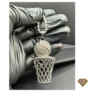 Silver Basketball Rim Pendant and Necklace, Ball lover pendant, Basketball Pendant, Sports Necklace CZ Stone Cubic zirconia, Stainless steel necklace, 22 inches