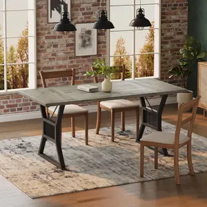 Garvee 70.8 Inch Farmhouse Dining Table with Rustic Wood Look Tabletop and Heavy Duty Metal Legs, Suitable for Dining Room, Home Office, Living Room, Seats 6-8 People, Easy Assembly, Grey Finish