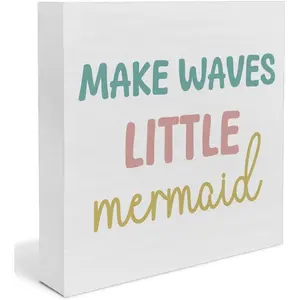 Mermaid Room Decor for, Make Waves Little Mermaid Wooden Box Sign for Little Girls Room, Bathroom, Bedroom Nursery Decor 5x5 inch