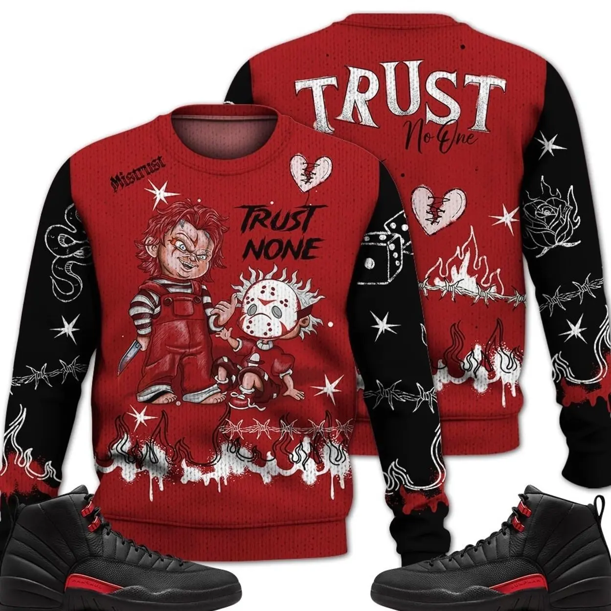 Bloodline 12s Outfit Ugly Sweater, Scary Trust No One Graffiti Streetwear Sneaker Matching Ideas