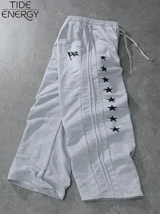 Men's Vintage College Urban Minimalist Knitted Sports Pants, Star Ny Logo Print Wide Leg Sweatpants, Casual Street Style