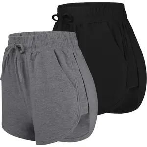 2 Pack Cotton Yoga Short Women Summer Running Gym Sports Waistband Shorts with Pockets Gray Seamless High Waisted Yoga Shorts