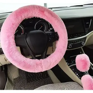 3Pcs/Set Warm Faux Wool Steering Wheel Cover 38Cm Fur Fluffy Thick Auto Car Steering Wheel Plush Cover Soft Wool Decoration Car NONE