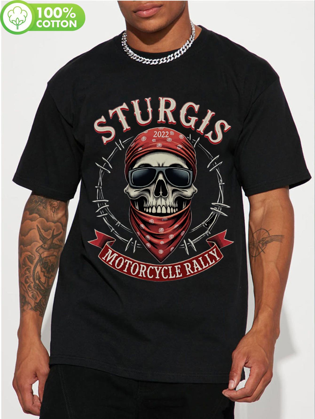Men'S Official Sturgis Motorcycle Rally Graphic T-Shirt - 180G Heavyweight Biker Tee Featuring Skull & Motorcycle Design, Single-Sided Print, Crew Neck Short Sleeve Suitable for Motorcycle Rally Events & Casual Wear (Spring, Summer